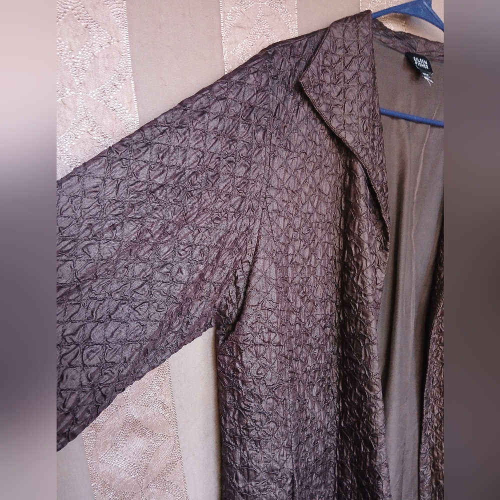 💎 Eileen Fisher 100% Silk Tussah Quilted Crinkle Jacket Brown Blazer - Picture 6 of 11